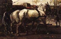 George-Hendrik Breitner Two White Horses Pulling Posts in Amsterdam oil painting image